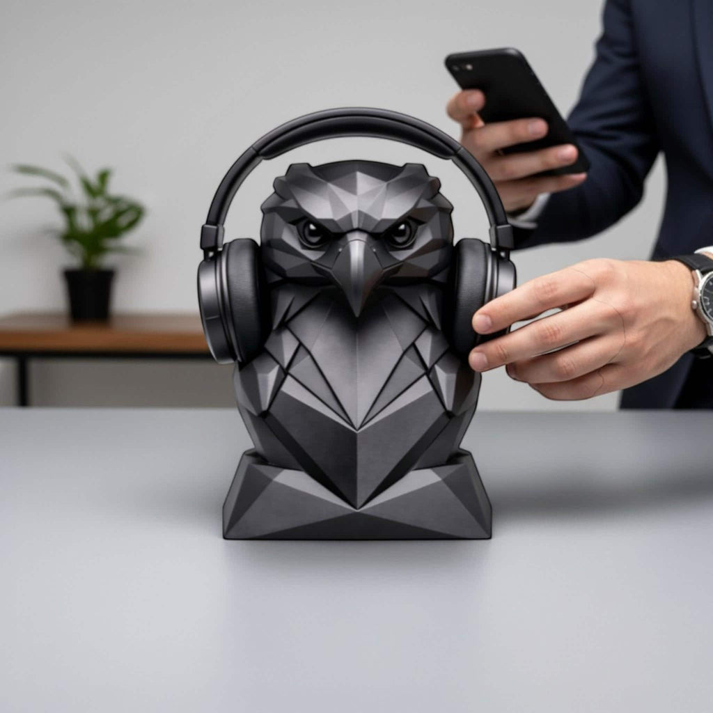 Happy3dWorld black geometric eagle headphone stand holding over-ear headphones on a desk with a person in the background