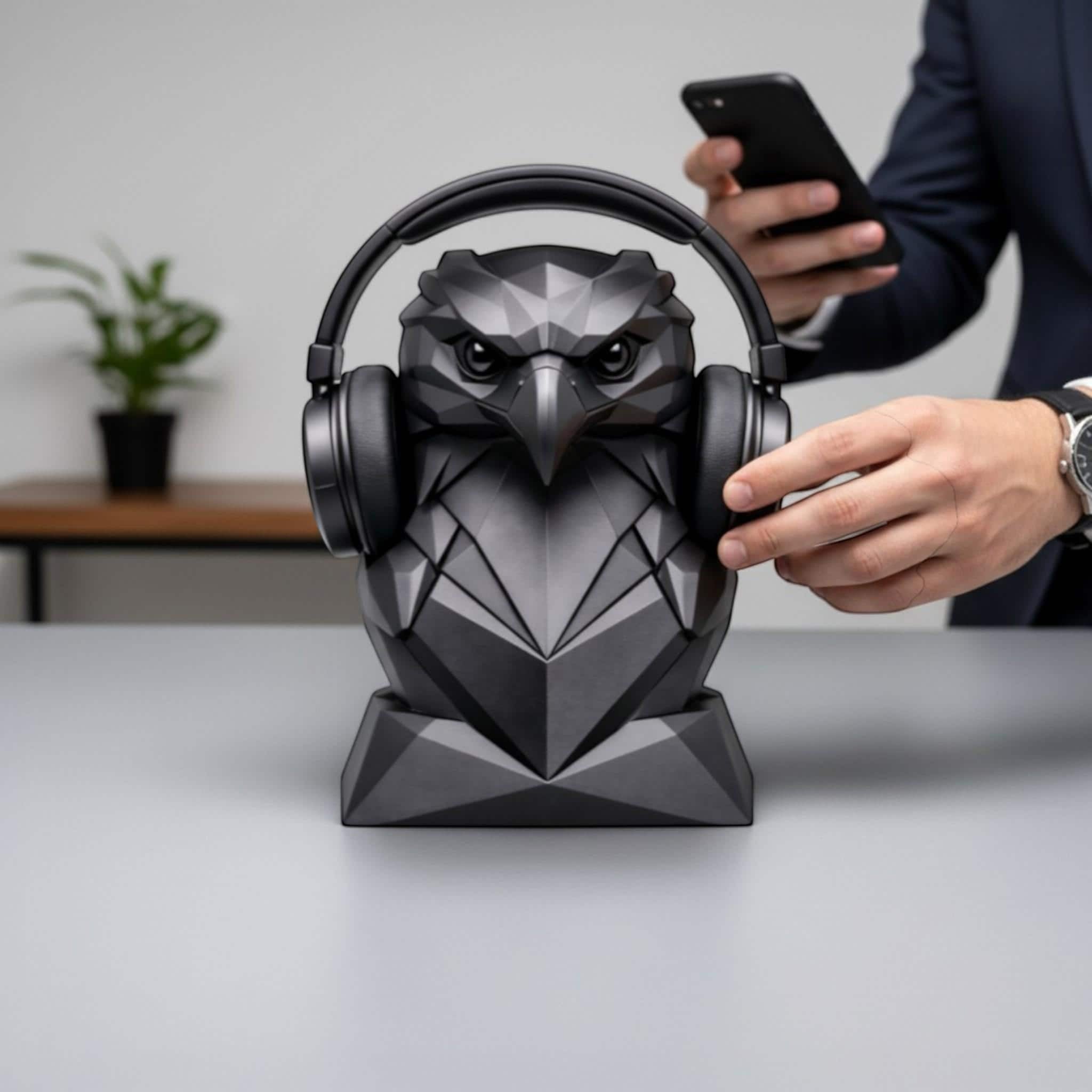 Happy3dWorld black geometric eagle headphone stand holding over-ear headphones on a desk with a person in the background