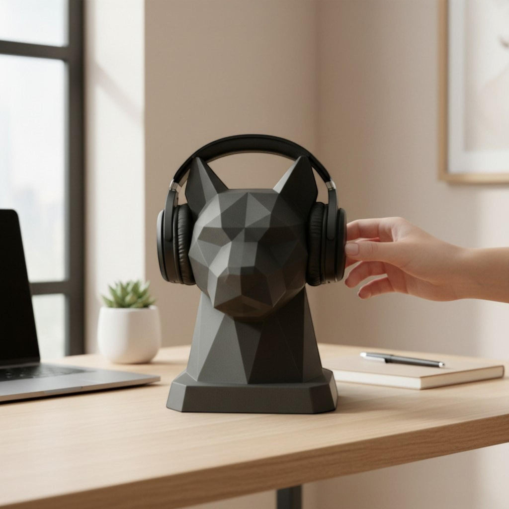 Happy3dWorld black geometric dog headphone stand on a wooden desk with a hand adjusting headphones.