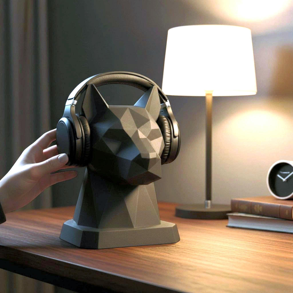 Happy3dWorld black low-poly geometric dog headphone stand holding over-ear headphones on a wooden desk.