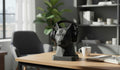 Happy3dWorld black geometric low-poly dog headphone stand on a wooden desk in a modern home office setting.