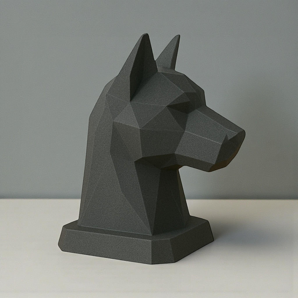 Happy3dWorld black low-poly geometric dog headphone stand made from eco-friendly PLA for gaming desk organization.