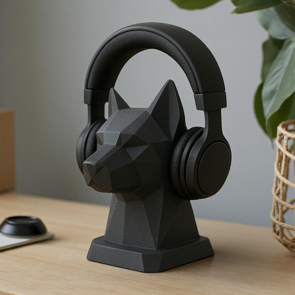 Happy3dWorld black geometric low-poly dog headphone stand on a wooden desk holding over-ear headphones.
