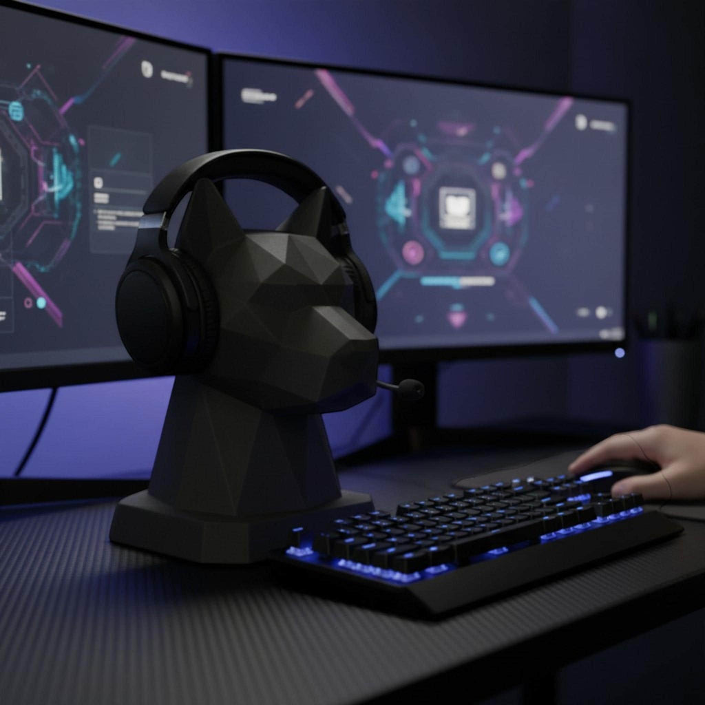 Happy3dWorld black low-poly geometric dog headphone stand on a gaming desk with monitors and keyboard in the background.