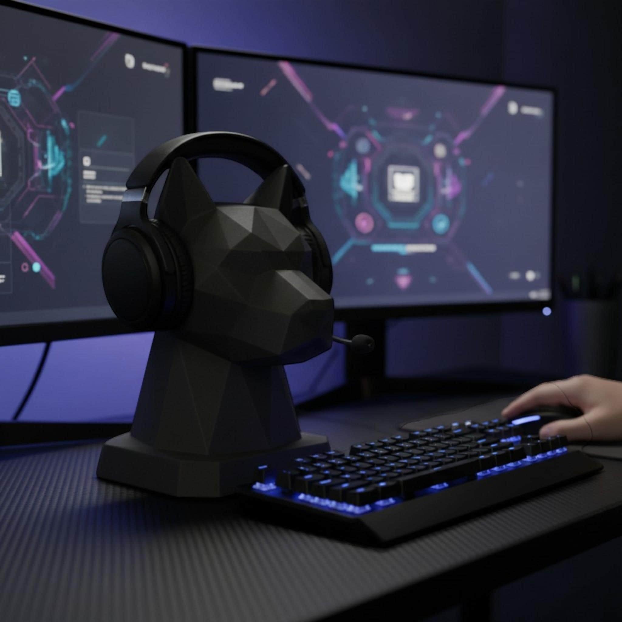 Happy3dWorld black low-poly geometric dog headphone stand on a gaming desk with monitors and keyboard in the background.
