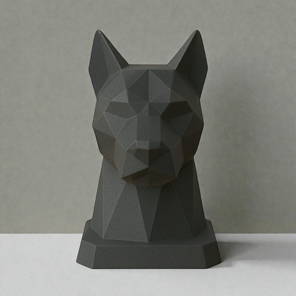 Happy3dWorld black geometric low-poly dog headphone stand made of eco-friendly PLA for gaming desk organization.