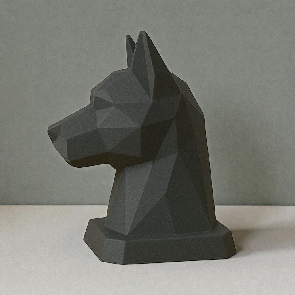 Happy3dWorld black geometric dog headphone stand with a modern low-poly origami design for gaming desks.