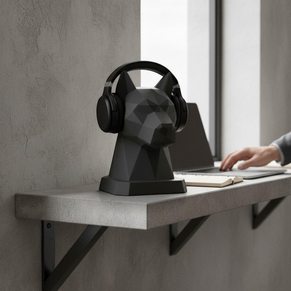 Happy3dWorld black geometric dog headphone stand on a desk with headphones, featuring a modern low-poly design.