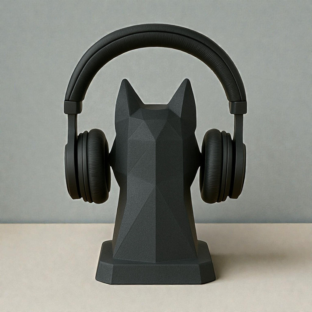 Happy3dWorld black geometric dog headphone stand in a low-poly origami style holding over-ear headphones on a desk.