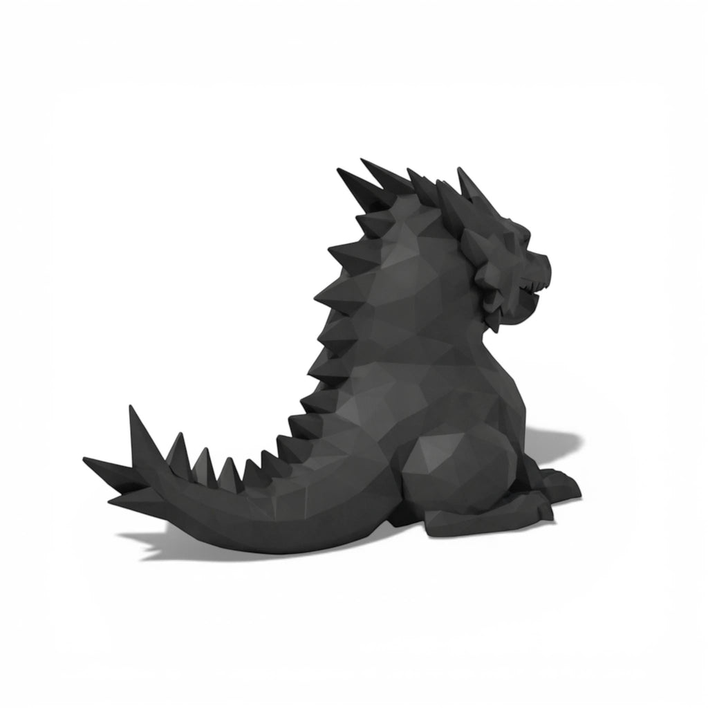 Happy3dWorld black geometric dragon headphone stand with a low-poly 3D printed design for gaming desk setups.