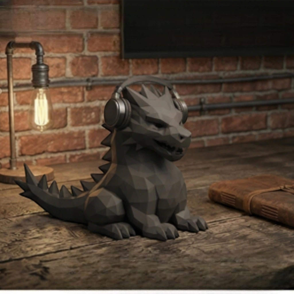 Happy3dWorld black geometric dragon headphone stand on a rustic wooden desk with a brick wall background