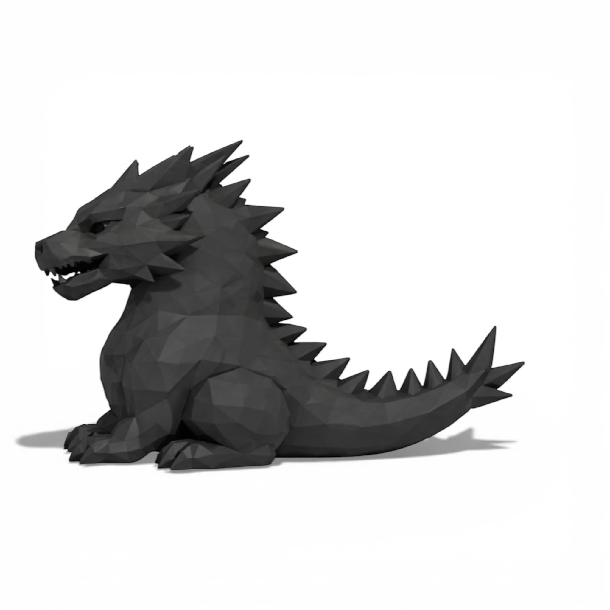 Happy3dWorld matte black geometric dragon headphone stand with a low-poly 3D printed design for gaming setups.