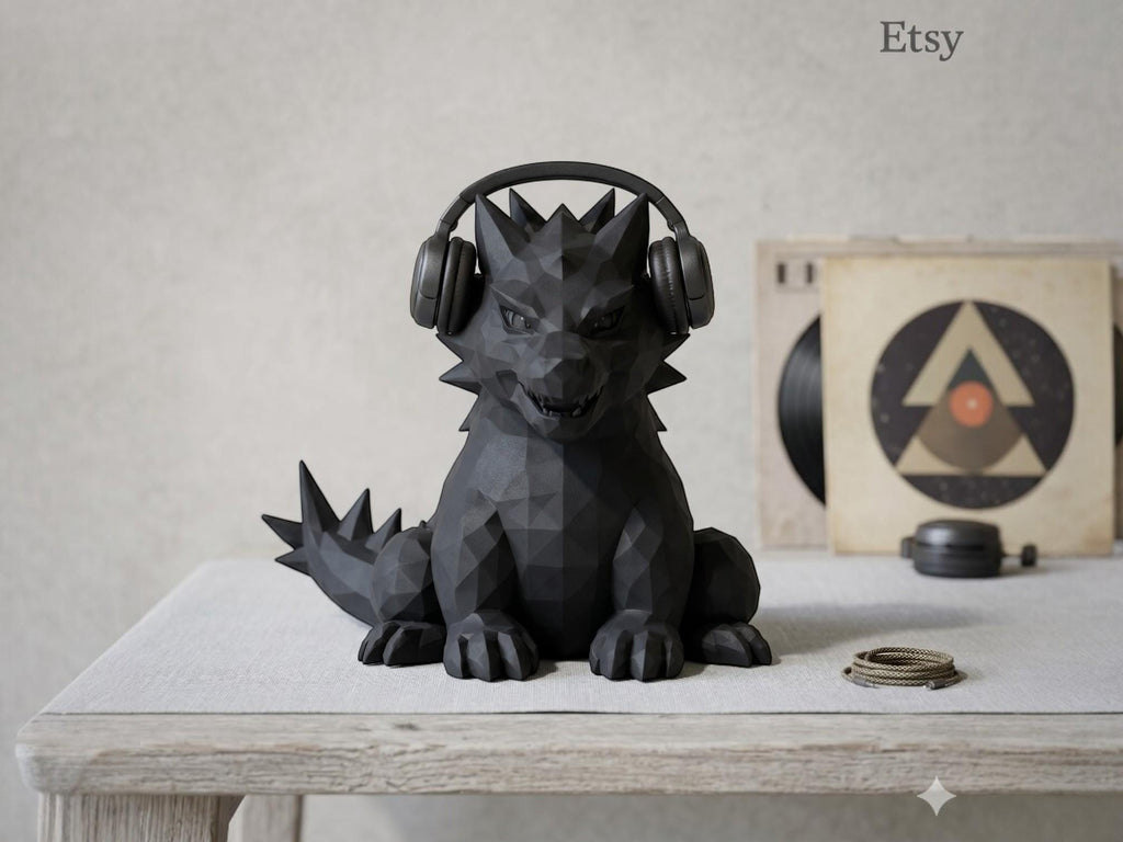 Happy3dWorld black geometric dragon headphone stand with a matte 3D printed low-poly design on a wooden desk.