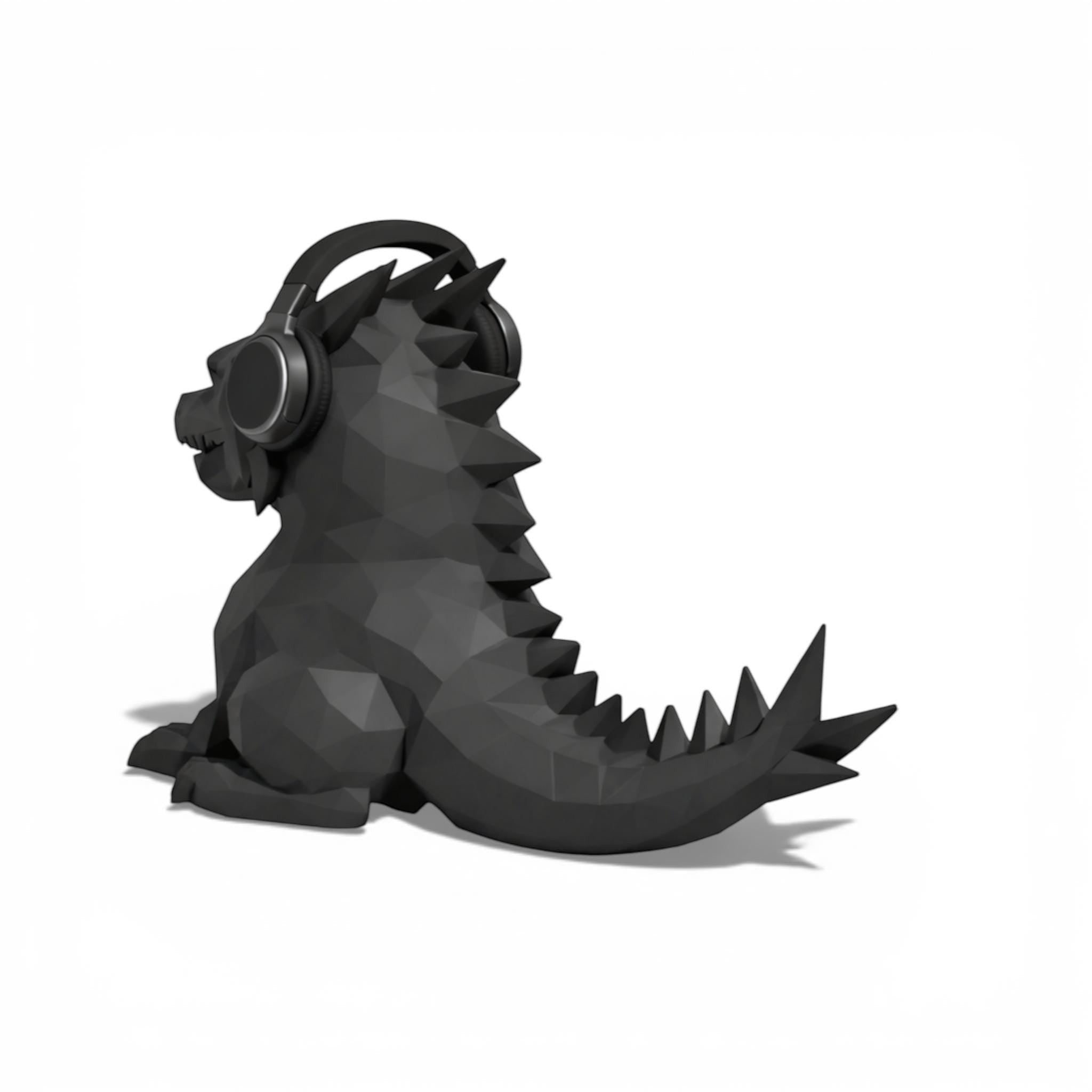 Happy3dWorld matte black geometric dragon headphone stand with a low-poly design holding over-ear gaming headphones.