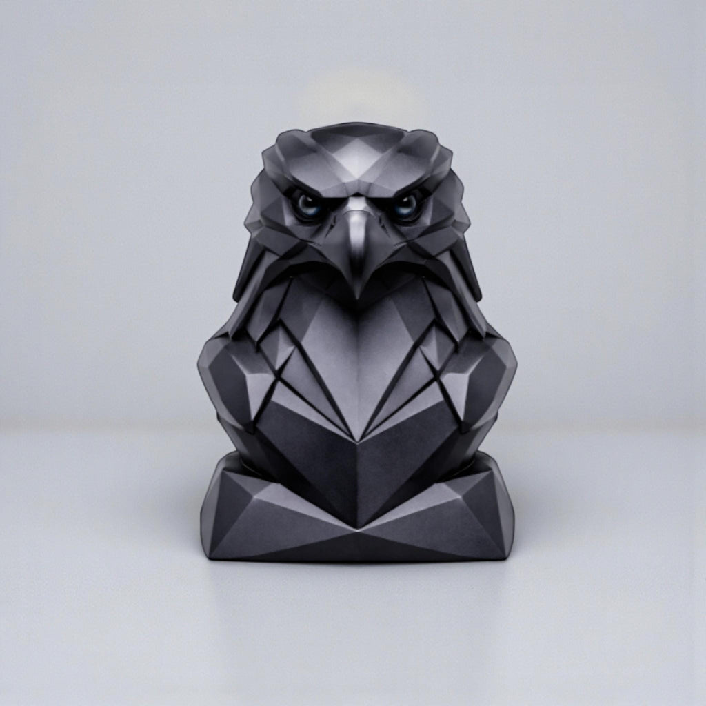 Happy3dWorld black matte 3D printed geometric low-poly eagle bust headphone stand for gaming desks