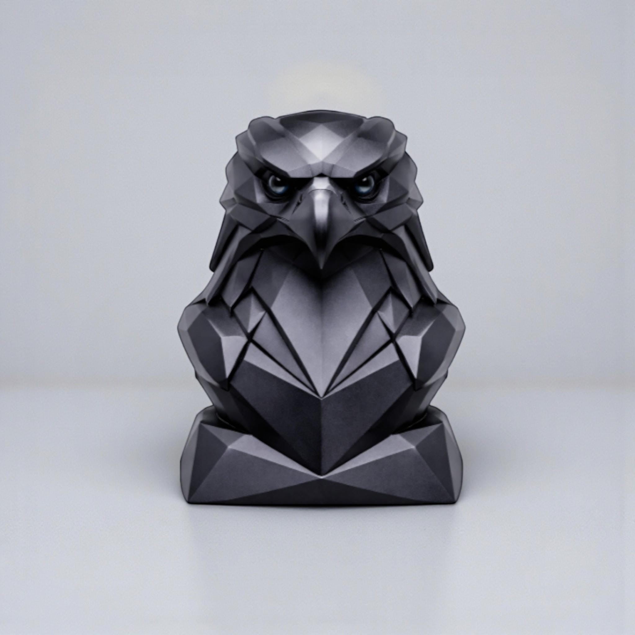 Happy3dWorld black matte 3D printed geometric low-poly eagle bust headphone stand for gaming desks