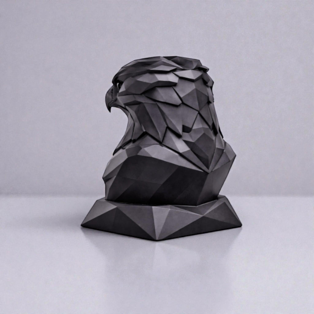Happy3dWorld black geometric eagle headphone stand with a matte low-poly faceted design on a plain background