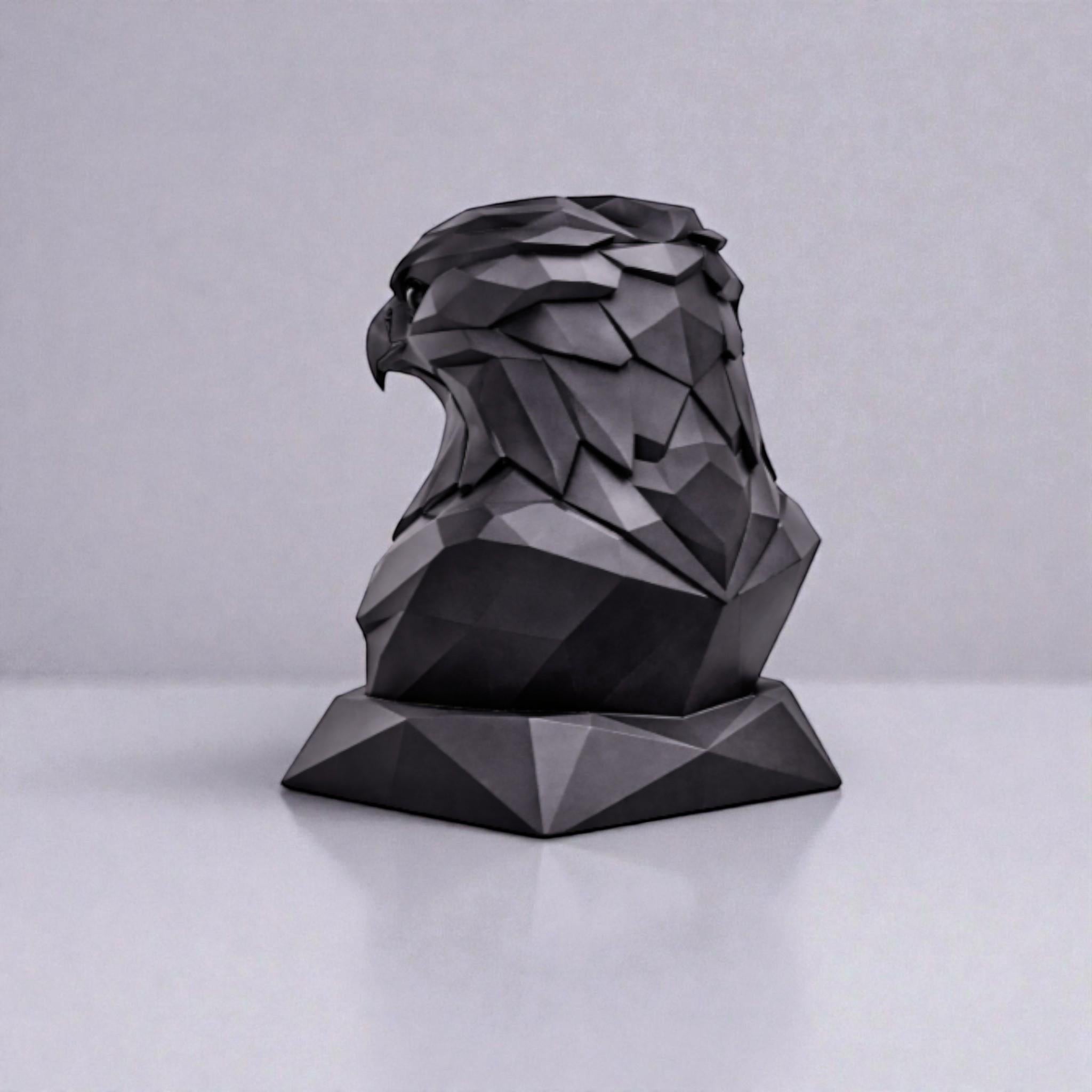 Happy3dWorld black geometric eagle headphone stand with a matte low-poly faceted design on a plain background