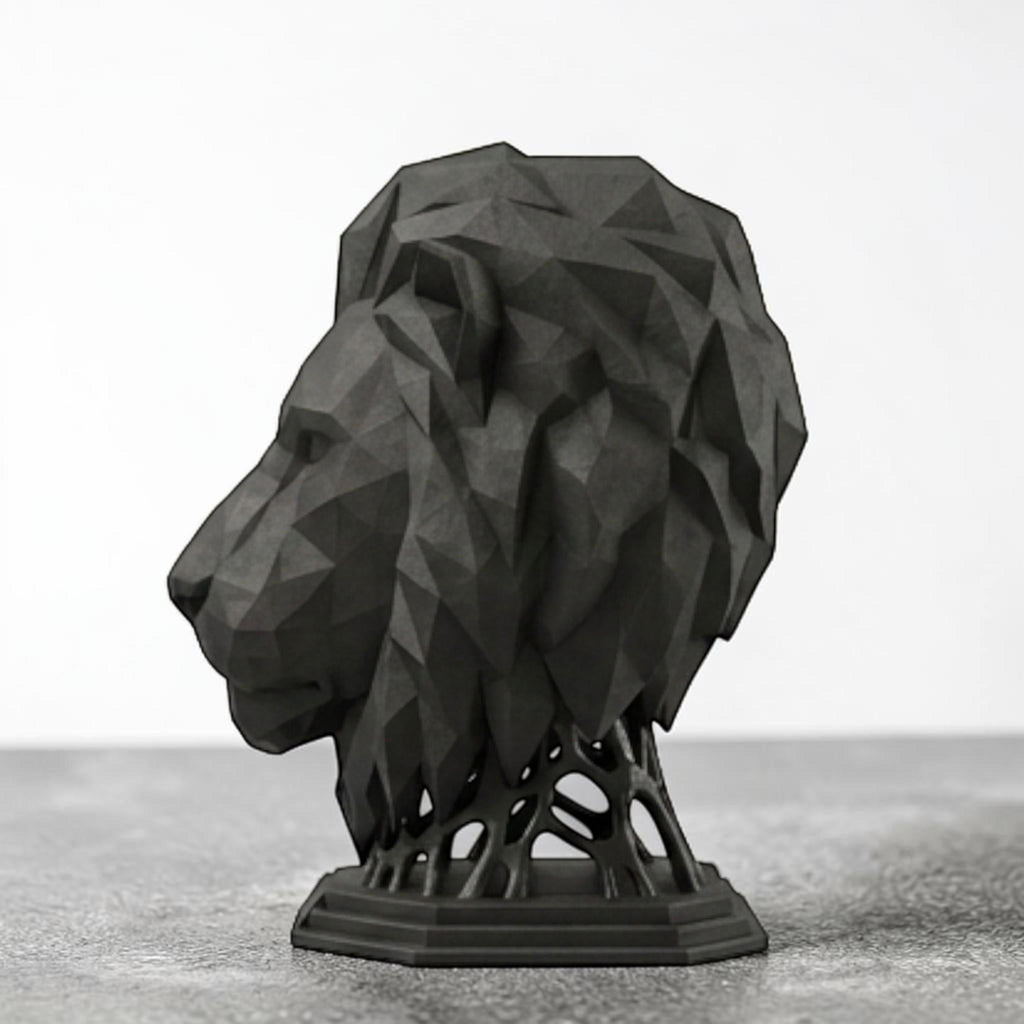 Happy3dWorld matte black geometric lion head headphone stand with a polygon 3D printed design on a desk.