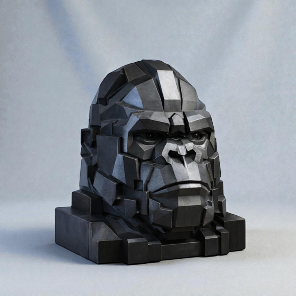 Happy3dWorld black geometric gorilla head headphone stand made of durable PLA plastic for gaming desk decor.