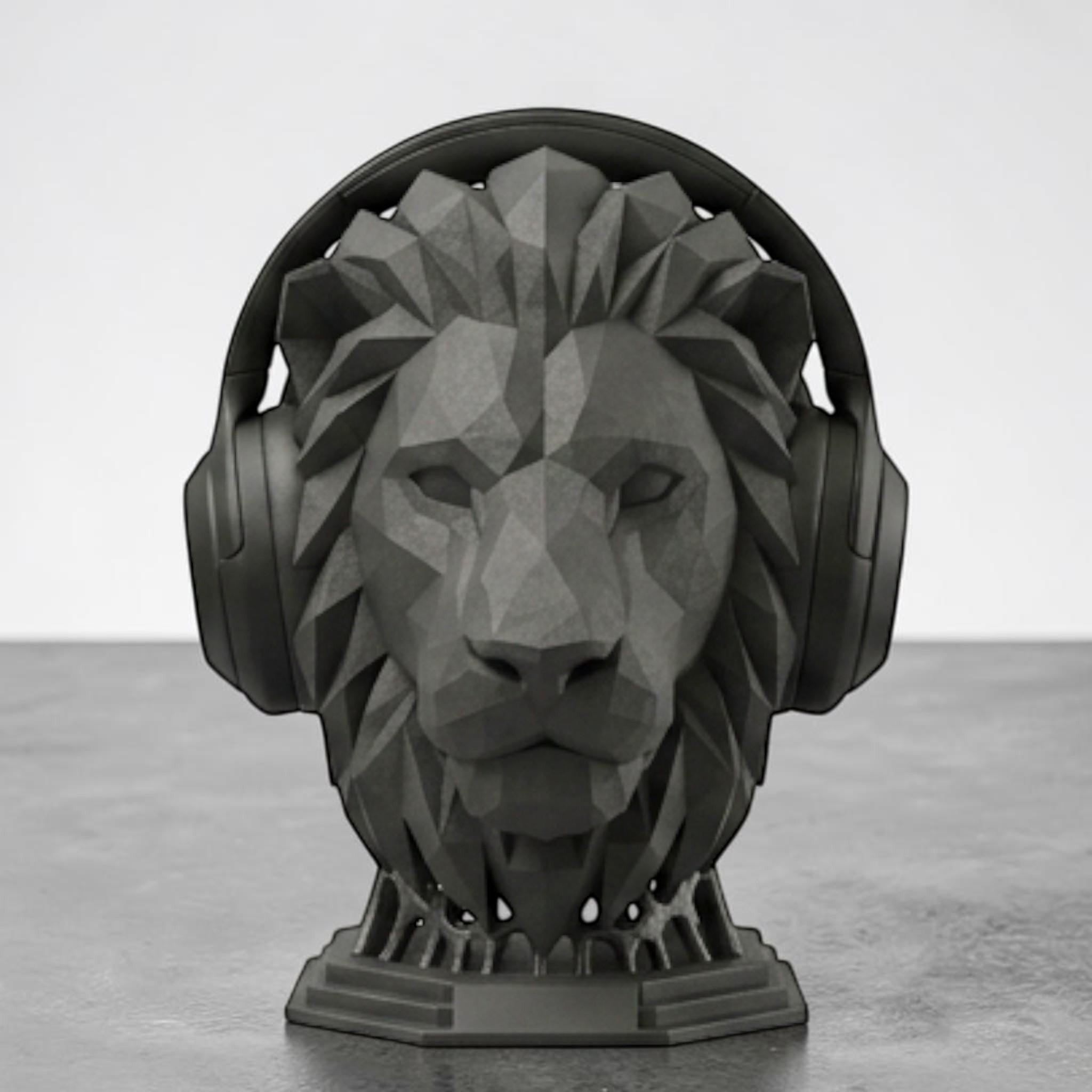 Happy3dWorld matte black geometric lion head headphone stand with sharp polygon lines for a modern desk setup.