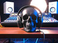 Happy3dWorld black low-polygon skull headphone stand holding gaming headset on a music studio desk.