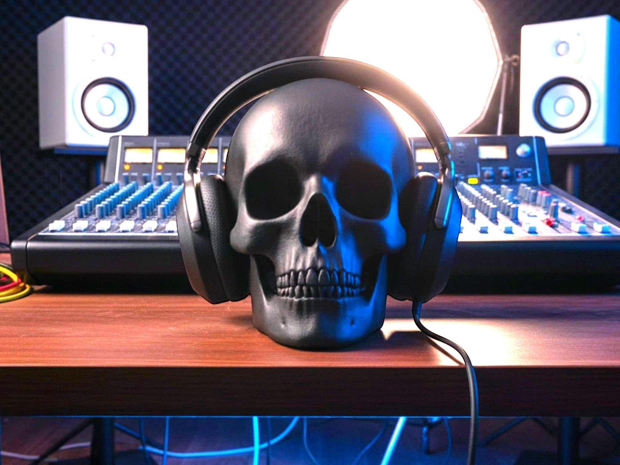 Happy3dWorld black low-polygon skull headphone stand holding gaming headset on a music studio desk.