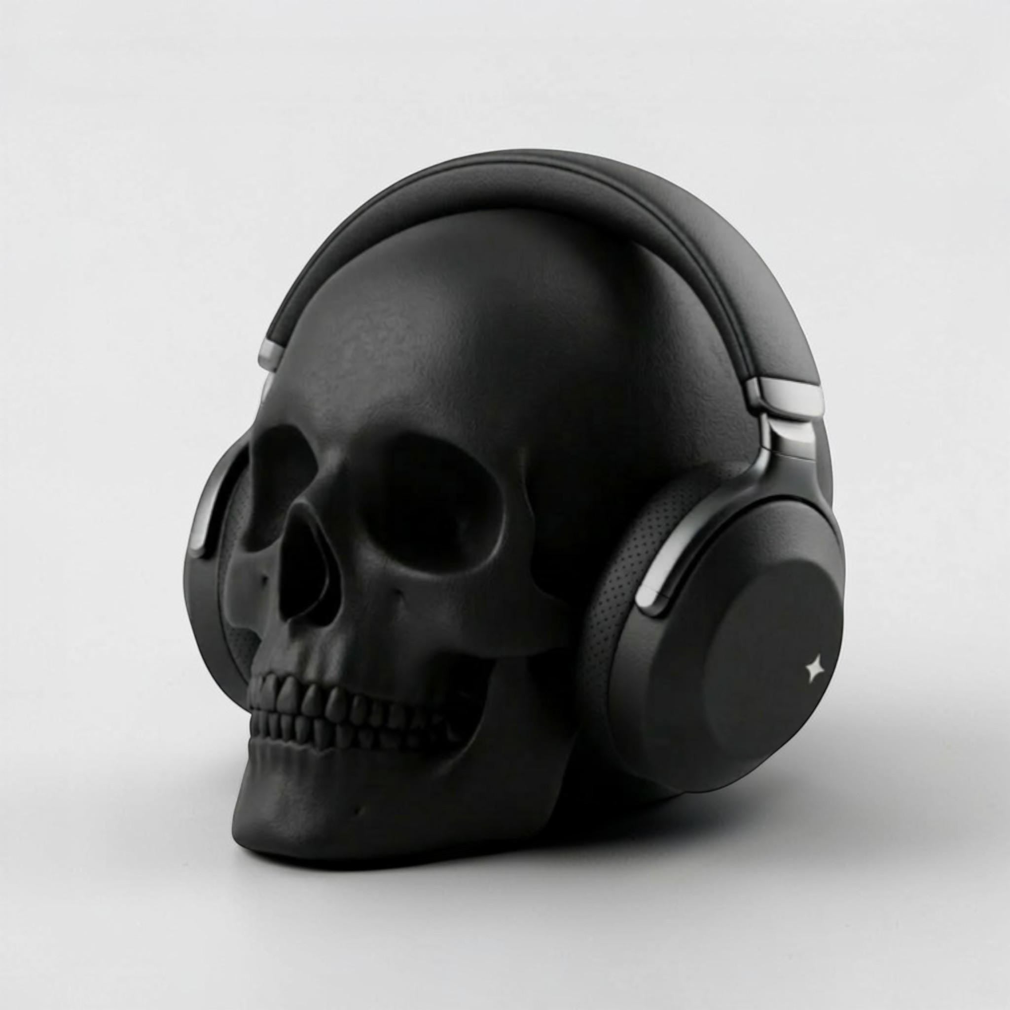 Happy3dWorld black low-polygon skull headphone stand holding black over-ear gaming headphones on a white background