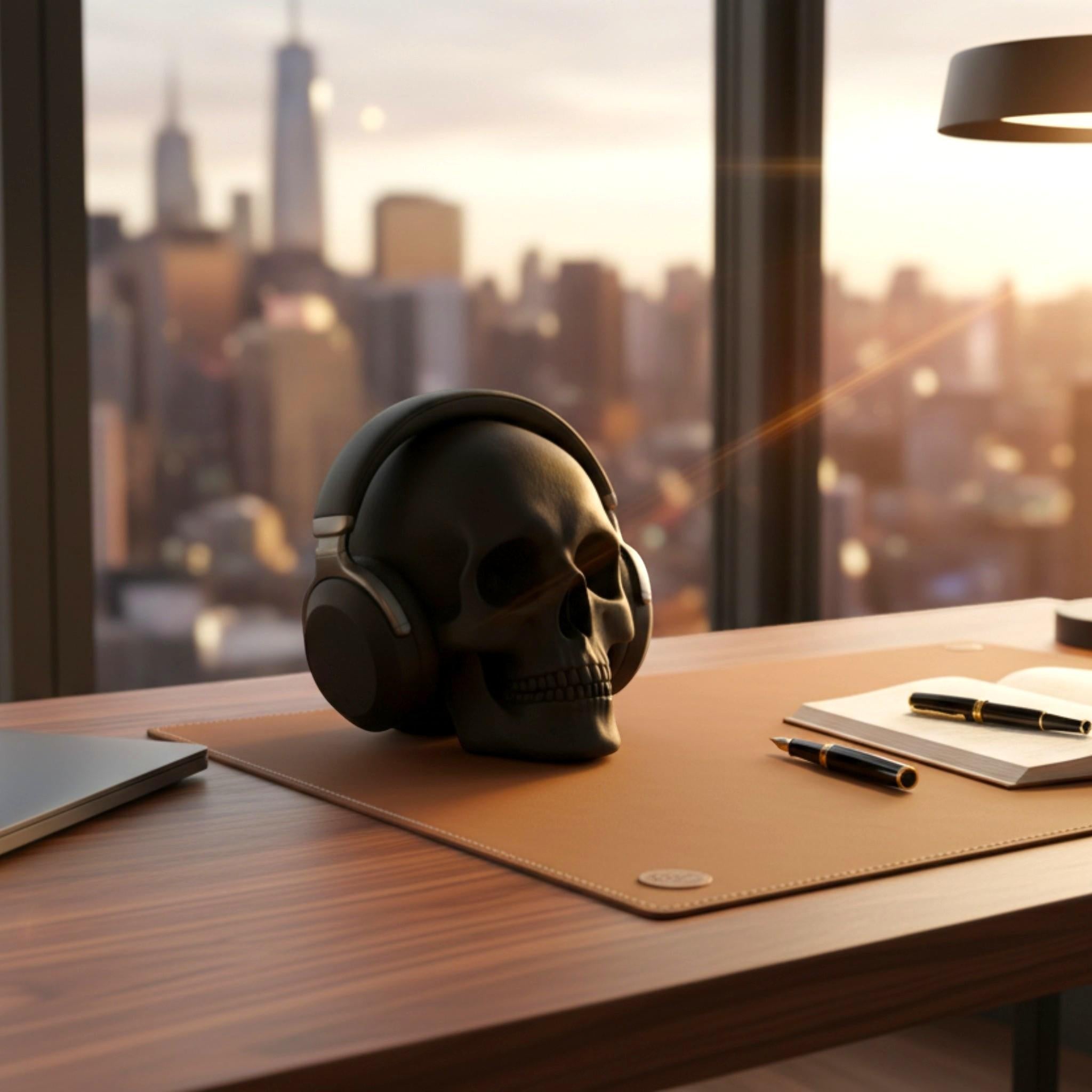 Happy3dWorld black low-polygon skull headphone stand holding over-ear headphones on a modern desk with city view