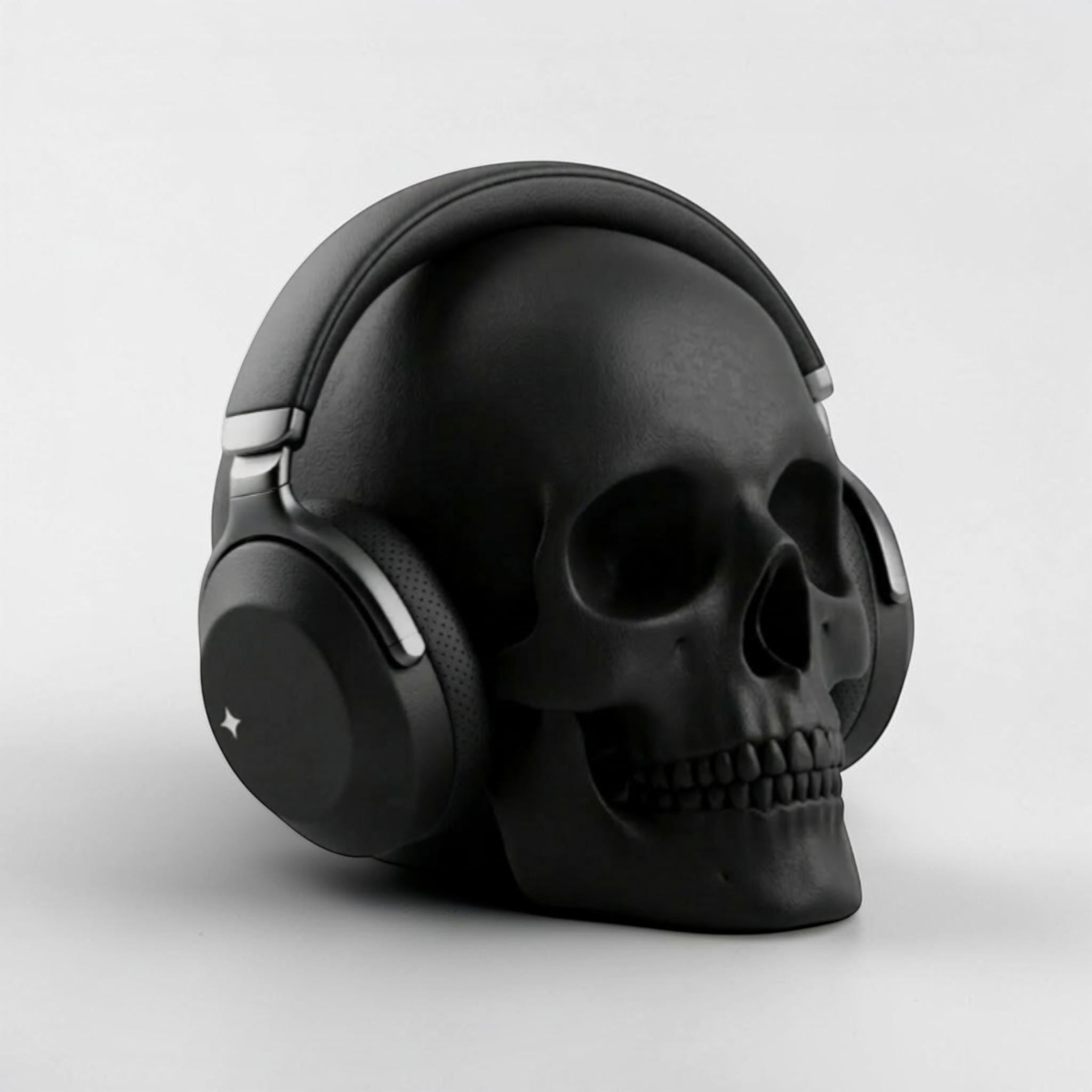 Happy3dWorld matte black low-polygon skull headphone stand holding black over-ear gaming headphones on a white background