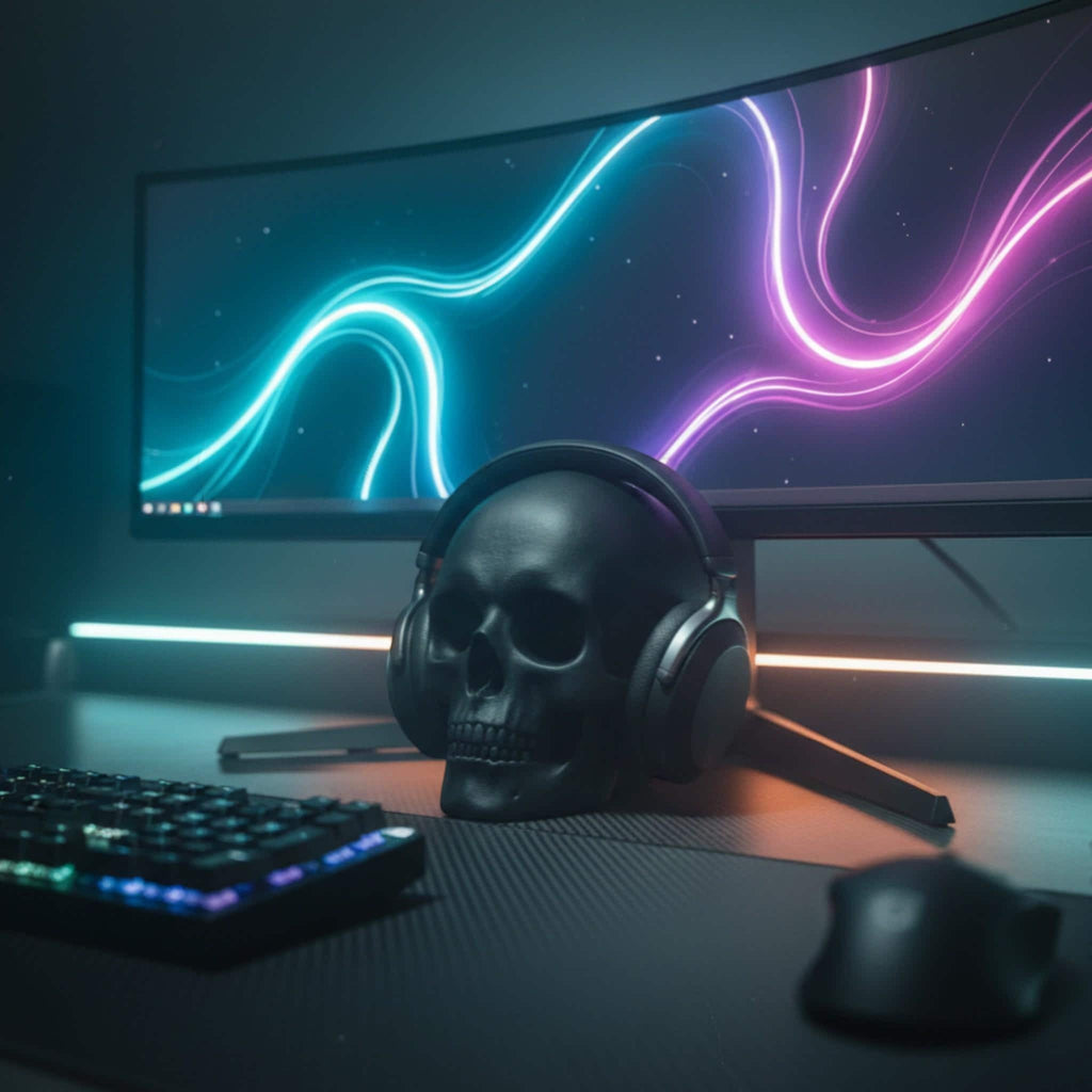 Happy3dWorld black low-polygon skull headphone stand on a gaming desk with a curved monitor and keyboard
