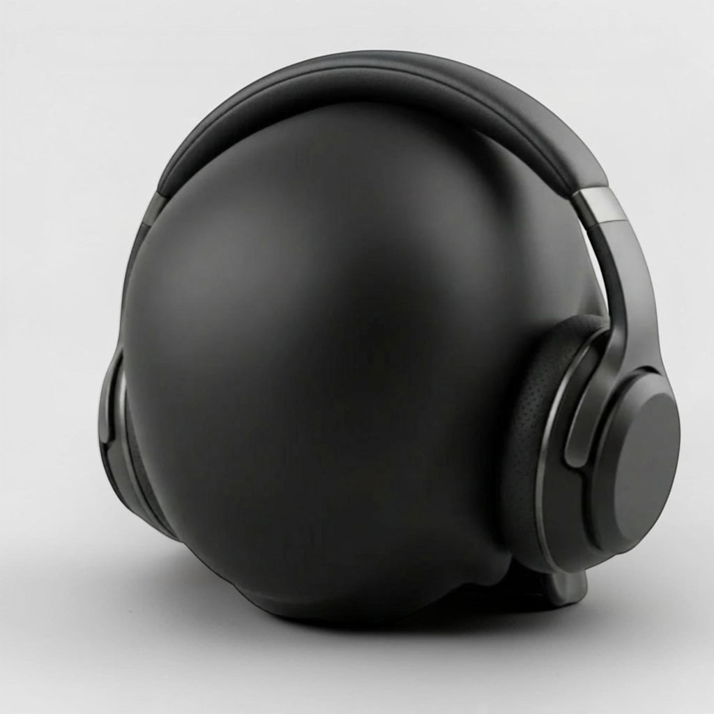 Happy3dWorld matte black skull headphone stand displaying sleek over-ear headphones on a clean white background