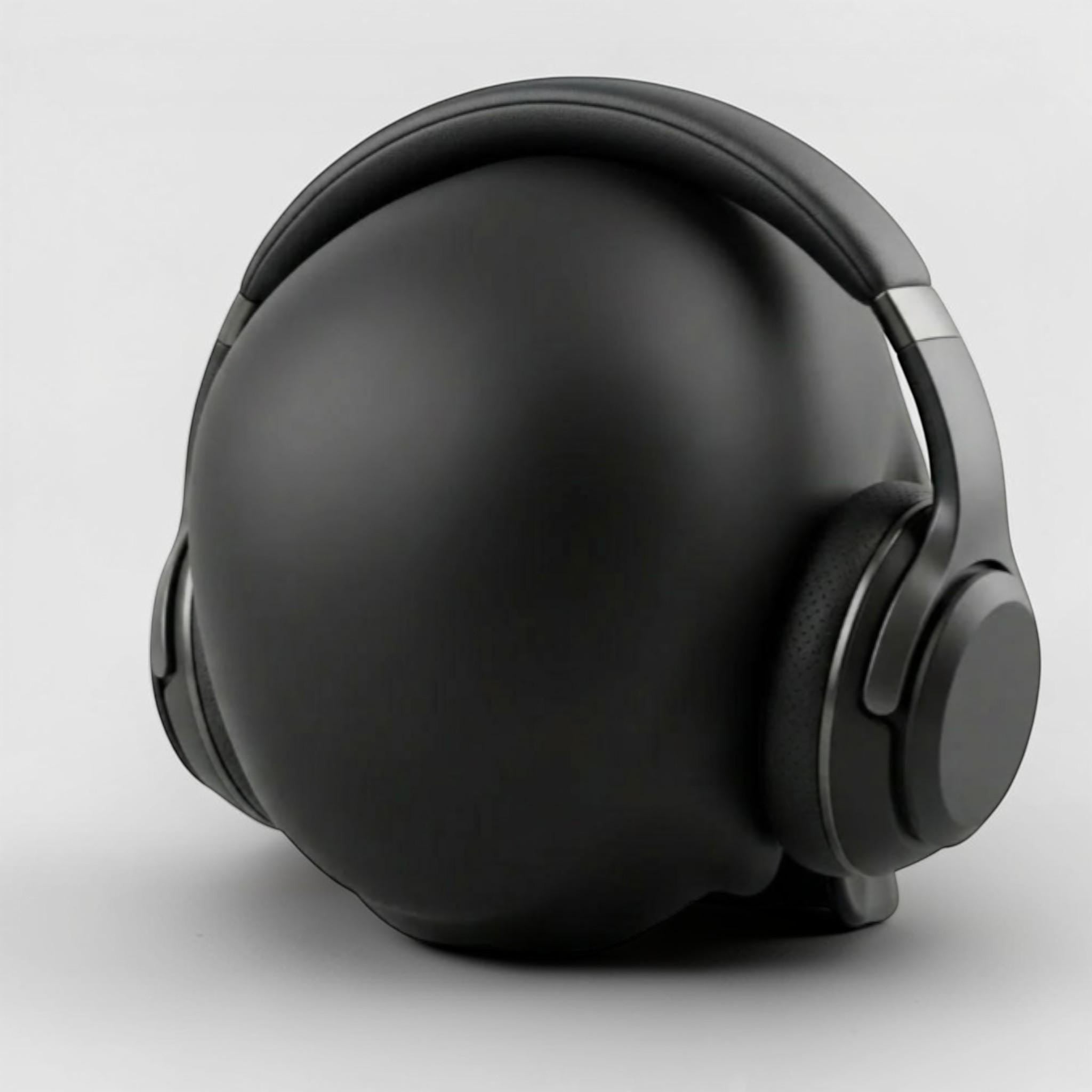 Happy3dWorld matte black skull headphone stand displaying sleek over-ear headphones on a clean white background