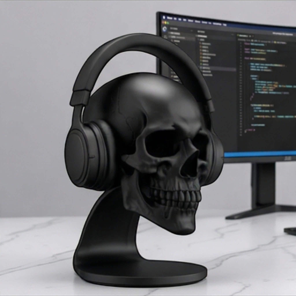 Happy3dWorld matte black anatomical skull headset stand holding over-ear headphones on a white desk