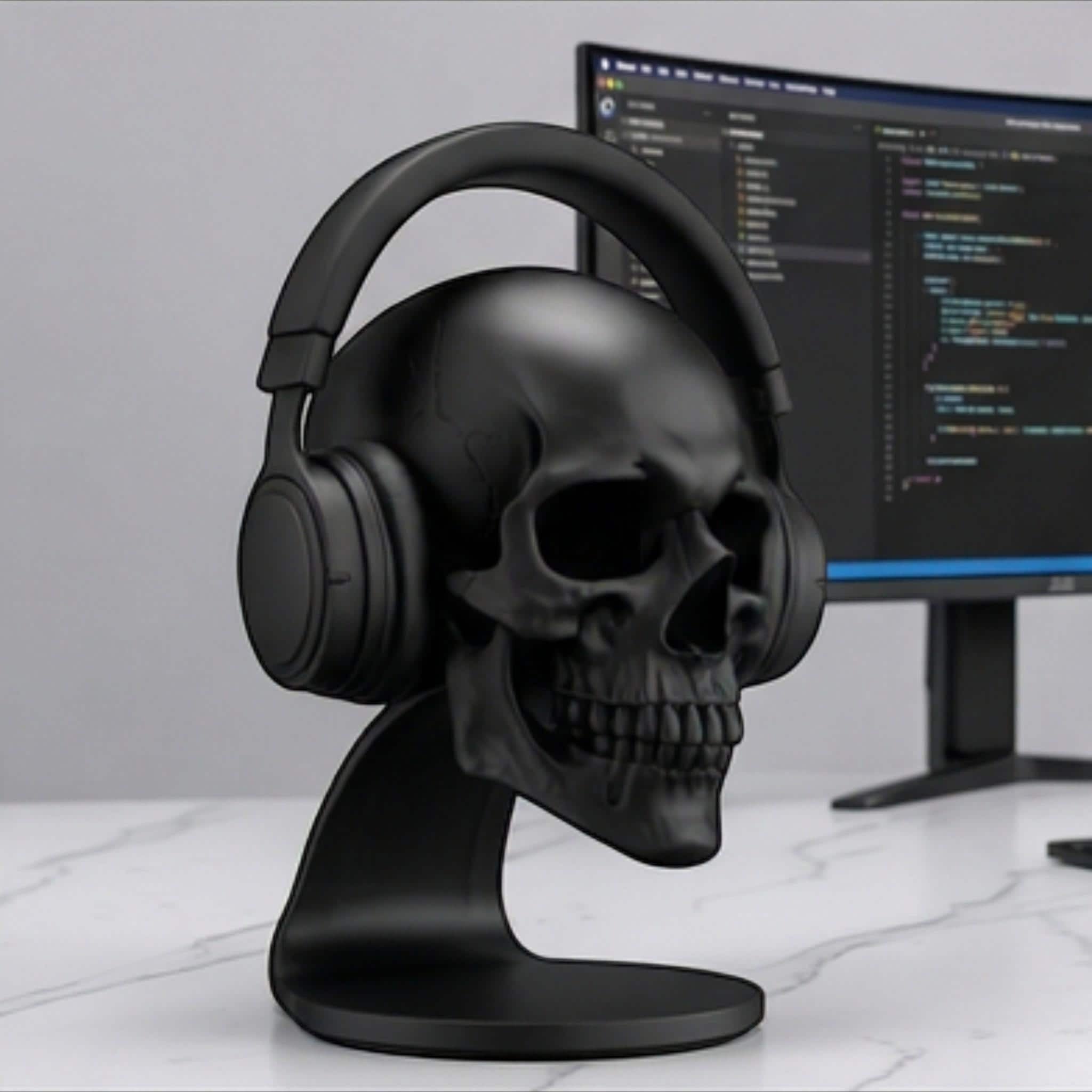 Happy3dWorld matte black anatomical skull headset stand holding over-ear headphones on a white desk