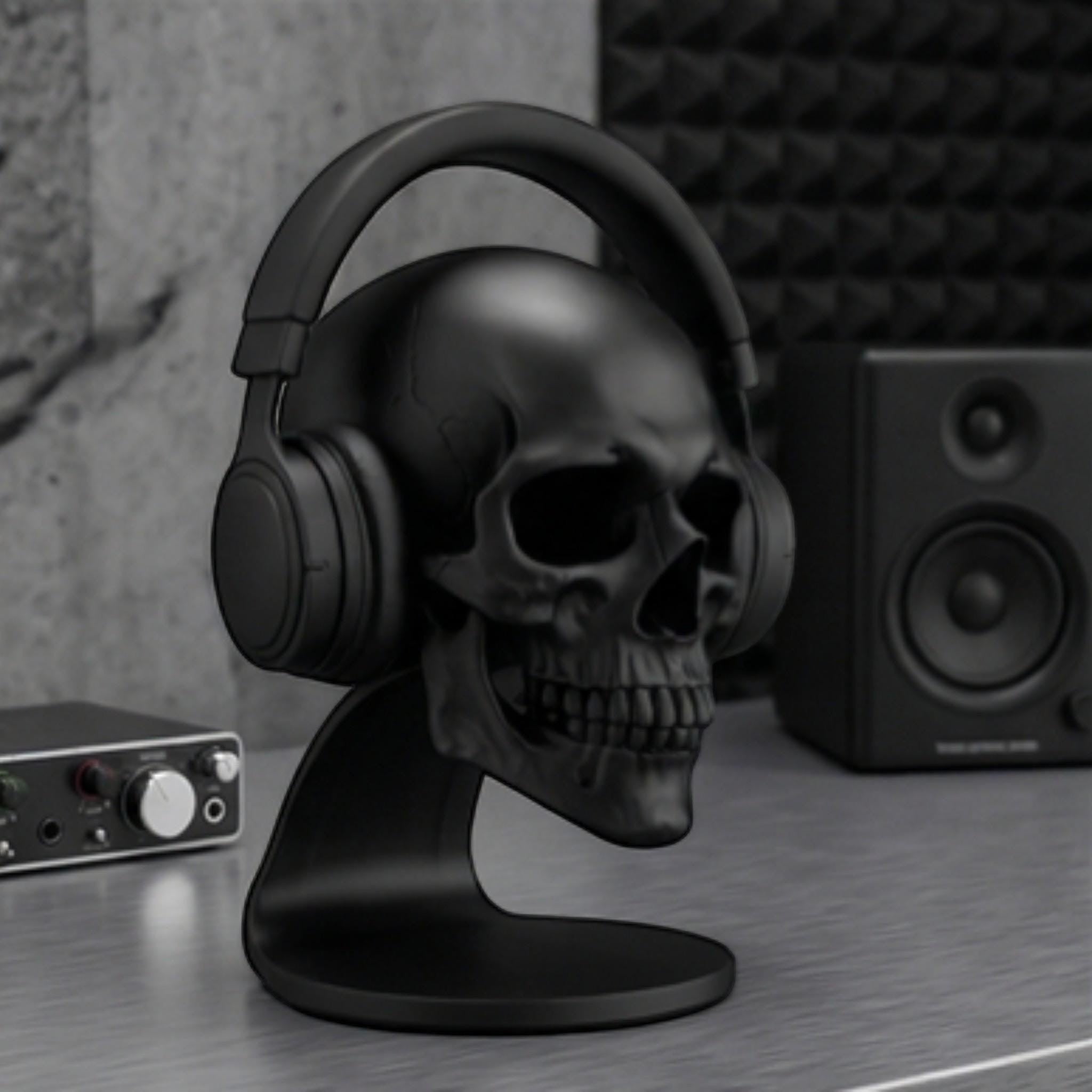 Happy3dWorld matte black anatomical skull headset stand holding over-ear headphones on a gaming desk
