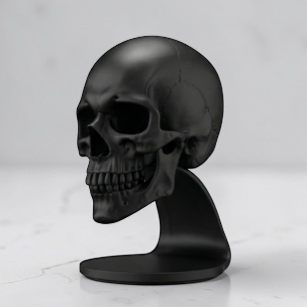 Happy3dWorld matte black anatomical skull headset stand for gaming desks and gothic home office decor.