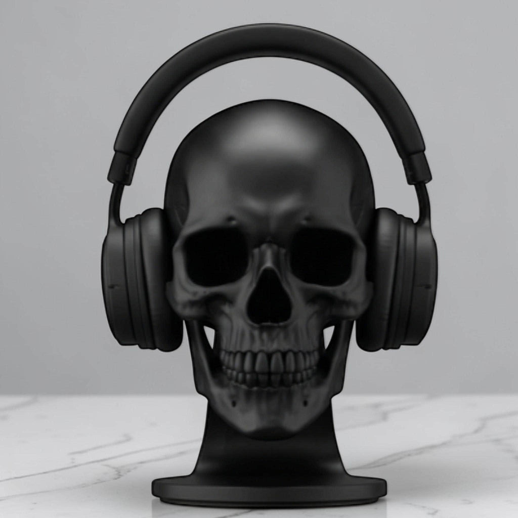 Happy3dWorld matte black anatomical skull headset stand holding over-ear headphones on a marble desk surface