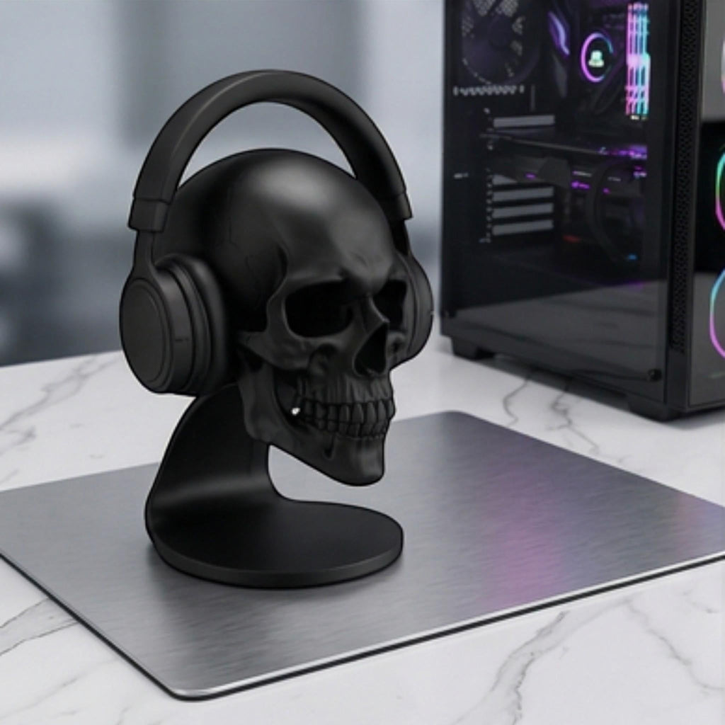 Happy3dWorld matte black anatomical skull headset stand holding over-ear headphones on a modern gaming desk setup.