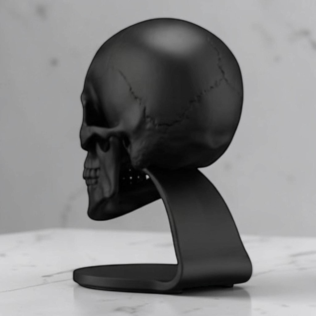 Happy3dWorld matte black anatomical skull headset stand for gaming desks and gothic home office decor