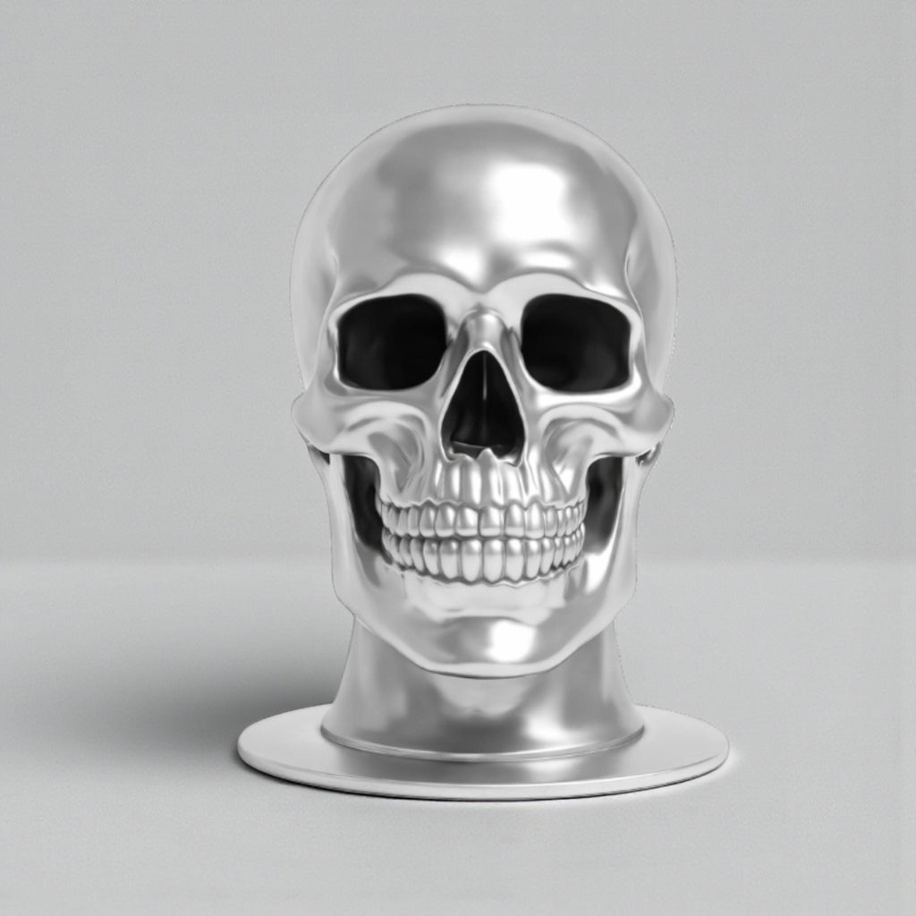 Happy3dWorld chrome skull headphone stand with a sleek metallic finish for cyberpunk gaming desk setups