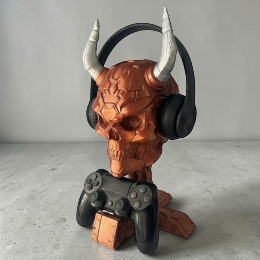 Happy3dWorld copper cyberpunk skull headset and controller stand with metallic finish holding gaming gear