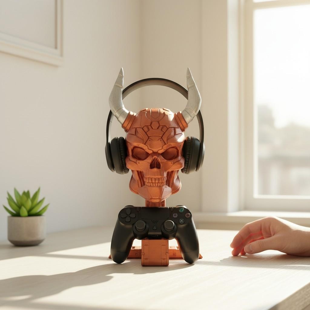 Happy3dWorld copper cyberpunk skull headset and controller stand with silver horns on a wooden desk