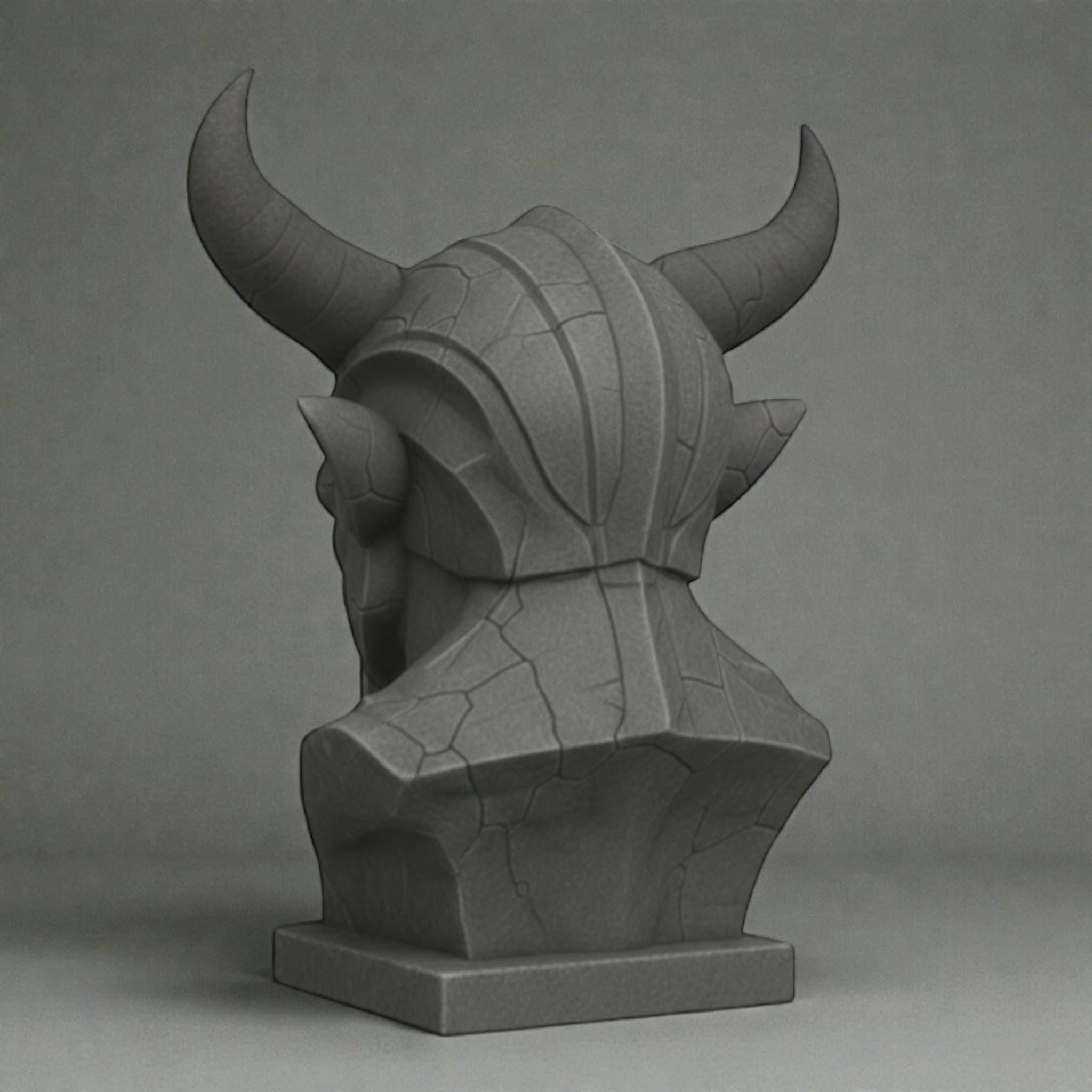 Happy3dWorld gray 3D printed cyberpunk demon bust headphone stand showing back view with horned design