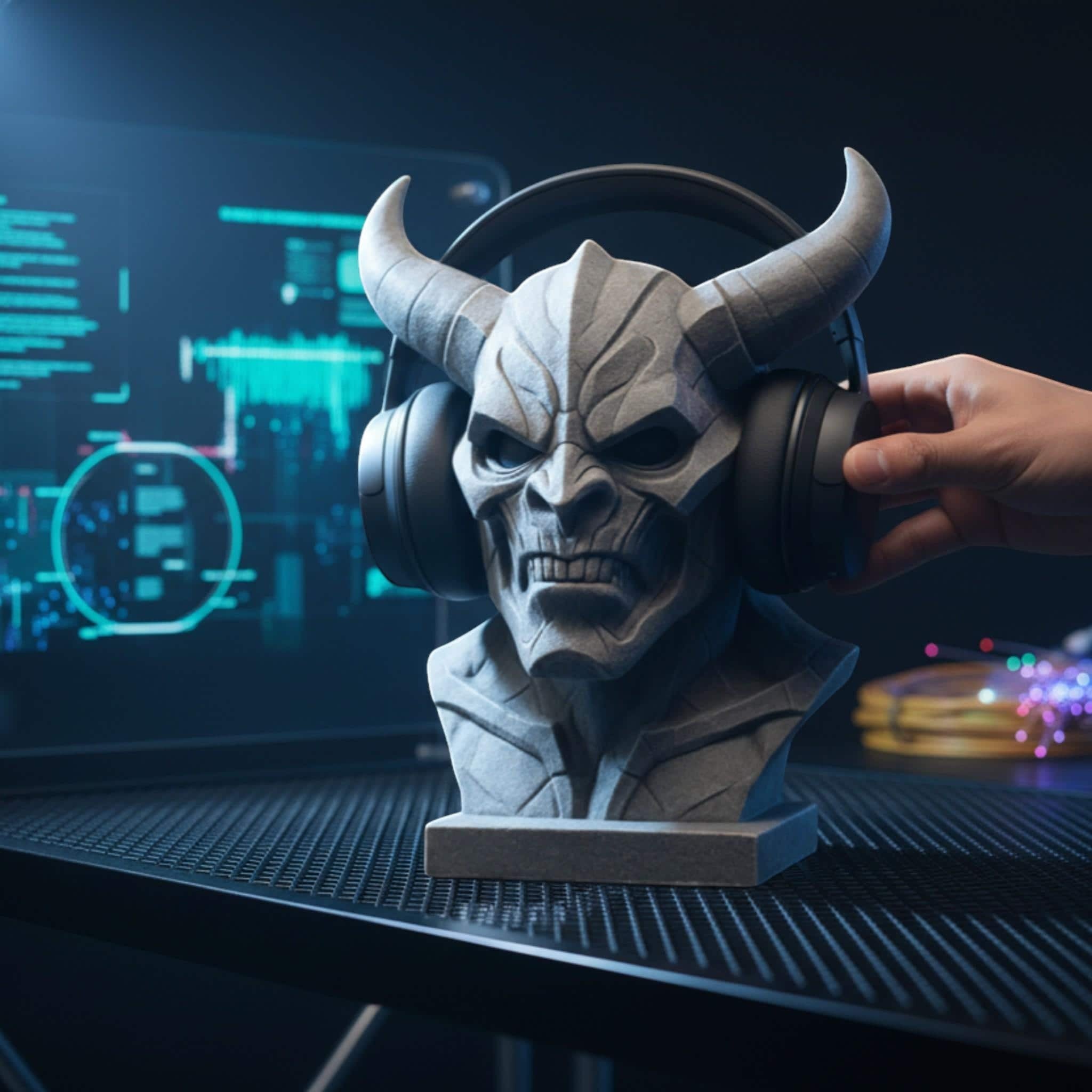 Happy3dWorld gray 3D printed cyberpunk demon bust headphone stand holding black gaming headset on a desk