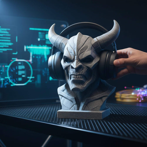 Happy3dWorld gray 3D printed cyberpunk demon bust headphone stand holding black gaming headset on a desk