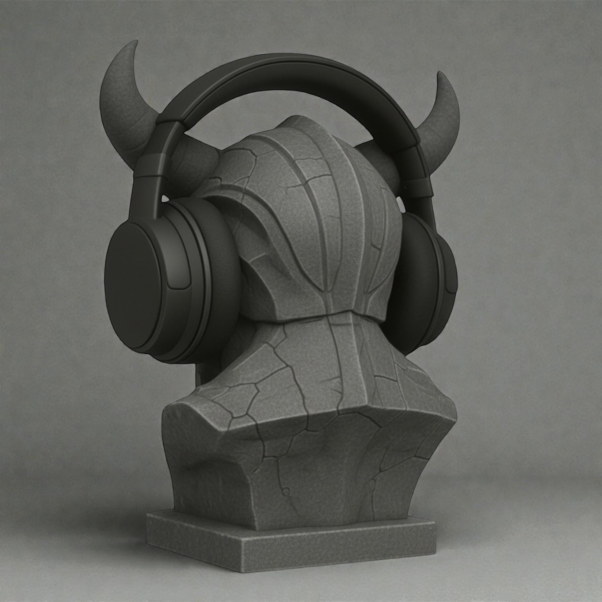 Happy3dWorld matte gray 3D printed cyber demon bust headphone stand holding black over-ear gaming headset