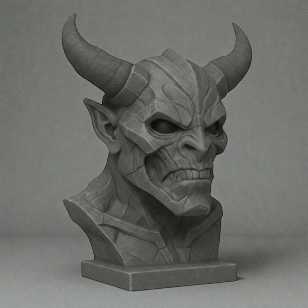 Happy3dWorld matte gray 3D printed cyberpunk demon bust headphone stand with detailed horn and facial features