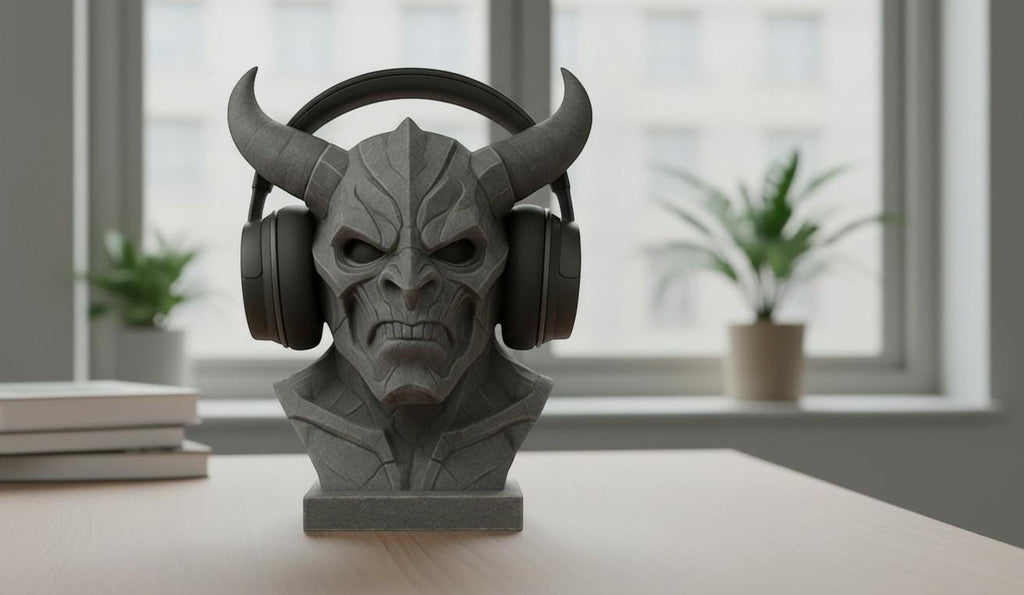 Happy3dWorld matte gray 3D printed cyberpunk demon bust headphone stand holding black gaming headset on a desk