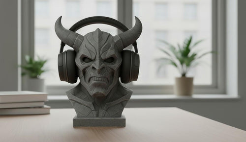 Happy3dWorld matte gray 3D printed cyberpunk demon bust headphone stand holding black gaming headset on a desk